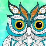 Un búho ilustrado con patrones geométricos y colores brillantes sobre un fondo azul verdoso