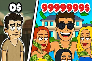 Hombre pobre con 0$ junto a hombre rico con lentes de sol, mujeres y billetes bajo 99999999$