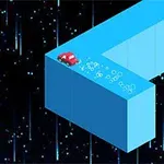 Un carro rojo en miniatura sobre un camino azul flotante en un espacio oscuro lleno de líneas y puntos brillantes