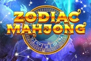 Texto dorado Zodiac Mahjong sobre fondo cósmico con símbolos zodiacales y estrellas