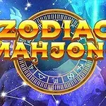 Texto dorado Zodiac Mahjong sobre fondo cósmico con símbolos zodiacales y estrellas