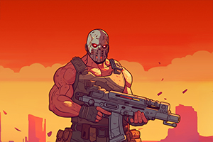 Hombre musculoso con una máscara metálica y ojos brillantes, sosteniendo un arma grande frente a un fondo de atardecer naranja