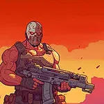 Hombre musculoso con una máscara metálica y ojos brillantes, sosteniendo un arma grande frente a un fondo de atardecer naranja