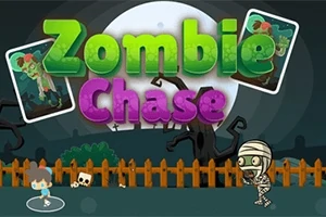 Un zombi persigue a un personaje pequeño frente a una cerca, bajo una luna llena, con el texto Zombie Chase en colores brillantes