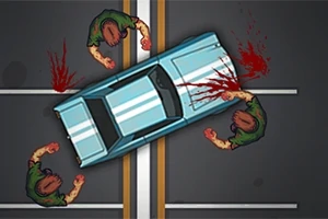 Coche azul choca con figuras humanoides, con sangre salpicada alrededor
