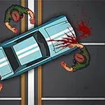 Coche azul choca con figuras humanoides, con sangre salpicada alrededor