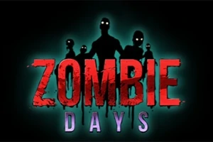 Texto Zombie Days en letras grandes y estilizadas, con siluetas de zombis oscuros detrás y un fondo iluminado en verde