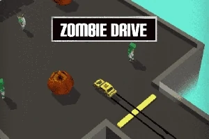 Vista superior de un coche amarillo esquivando obstáculos y figuras humanoides, con el texto Zombie Drive