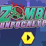 Título colorido Zombie Gunpocalypse con dibujo de un zombie y un botón de reproducir amarillo en un fondo urbano