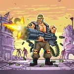 Hombre musculoso con gafas de sol y ametralladora, rodeado de edificios en ruinas y siluetas de zombis al atardecer