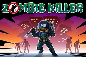 Personaje en armadura con máscara y arma, rodeado de sombras de zombies y edificios en el fondo al anochecer