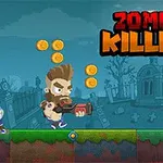 Un personaje con barba y arma corre en un cementerio, seguido por un zombie con casco, mientras recoge monedas doradas