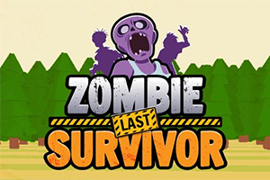 Zombi púrpura con la boca abierta y siluetas de fondo, junto al texto Zombie Last Survivor con árboles verdes detrás