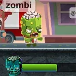 Zombi verde con cerebro expuesto caminando por una calle con barra de vida, acompañado de personajes enojados con símbolos en los globos de diálogo