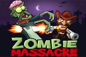 Un vaquero disparando contra un zombi con el cerebro expuesto, bajo un cielo nocturno y frente a la luna creciente, con el texto Zombie Massacre en la parte inferior