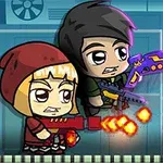 Dos personajes caricaturescos con vestimenta roja y verde disparando armas láser, junto a un número cuatro en un círculo rojo