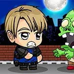 Personaje de estilo caricatura enfrentándose a un zombi verde bajo la luna llena con un fondo de ciudad