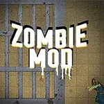 Texto Zombie Mod sobre un fondo con rejas metálicas y un zombie en una habitación