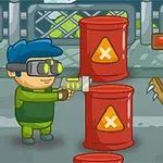 Un personaje con gafas y pistola se enfrenta a un monstruo verde con un garrote detrás de barriles rojos en un entorno urbano