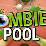 Texto Zombie Pool con un ojo en lugar de la letra O, rodeado de manchas de color verde y un fondo rojo