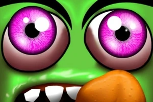 Cara de criatura verde con ojos grandes y morados y un diente roto