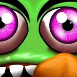Cara de criatura verde con ojos grandes y morados y un diente roto