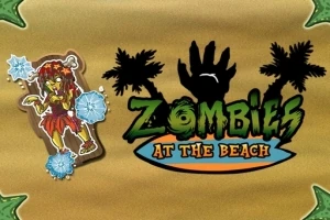 Zombi con flores azules heladas al lado del texto Zombies at the Beach con siluetas de palmeras y una mano levantada