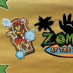 Zombi con flores azules heladas al lado del texto Zombies at the Beach con siluetas de palmeras y una mano levantada