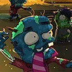 Tres criaturas zombis con piel azul y verde, ojos saltones y ropa desgarrada avanzan en una calle iluminada tenuemente
