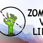 Una mano de zombie verde emergiendo del suelo dentro de un círculo con líneas en un fondo de montañas, acompañado del texto Zombies vs