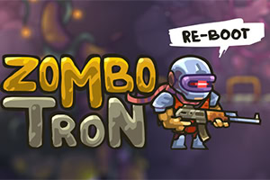 Personaje en armadura futurista con un arma y texto Zombotron y Re-Boot en un fondo colorido