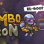 Personaje en armadura futurista con un arma y texto Zombotron y Re-Boot en un fondo colorido