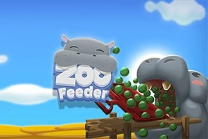 Un hipopótamo caricaturizado abre la boca para recibir bolas verdes, acompañadas por un cartel que dice Zoo Feeder sobre un fondo de cielo azul con nubes