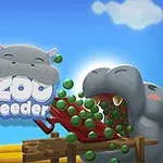 Un hipopótamo caricaturizado abre la boca para recibir bolas verdes, acompañadas por un cartel que dice Zoo Feeder sobre un fondo de cielo azul con nubes