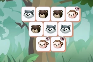 Varias fichas cuadradas con imágenes de animales como mapaches, osos y monos, sobre un fondo de bosque