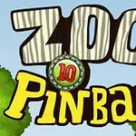 Título colorido Zoo Pinball con detalles de rayas y dos árboles a los lados