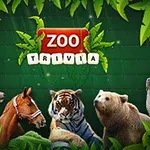Animales del zoo con hojas verdes alrededor y el texto Zoo Trivia en el centro