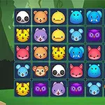 Iconos de animales coloridos y expresivos organizados en una cuadrícula sobre un fondo de bosque