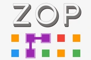 La imagen muestra la palabra ZOP en letras grises sobre un fondo blanco, con una fila de cuadrados de colores debajo, algunos de los cuales están conectados por líneas moradas