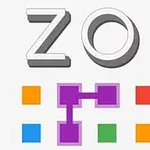 La imagen muestra la palabra ZOP en letras grises sobre un fondo blanco, con una fila de cuadrados de colores debajo, algunos de los cuales están conectados por líneas moradas