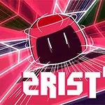 Un personaje cuadrado en un túnel de luz y color rojo, con líneas brillantes y el texto ZRIST DX