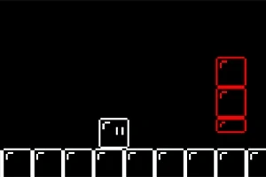 Escena de un juego retro en píxeles con un personaje cuadrado blanco y bloques rojos sobre un fondo negro