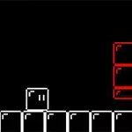 Escena de un juego retro en píxeles con un personaje cuadrado blanco y bloques rojos sobre un fondo negro