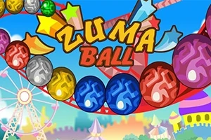 Texto colorido Zuma Ball con fondo de cielo azul, montaña rusa y una rueda de la fortuna