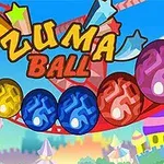 Texto colorido Zuma Ball con fondo de cielo azul, montaña rusa y una rueda de la fortuna