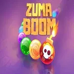 Texto dorado Zuma Boom sobre un fondo morado con esferas coloridas y una bomba con cara de calavera