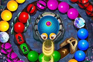 Serpiente azul al centro rodeada de esferas de colores en un diseño de espiral sobre un fondo oscuro
