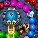 Serpiente azul al centro rodeada de esferas de colores en un diseño de espiral sobre un fondo oscuro
