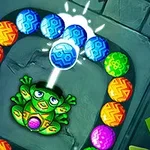 Rana verde disparando esferas de colores hacia una fila de bolas en un escenario tipo laberinto